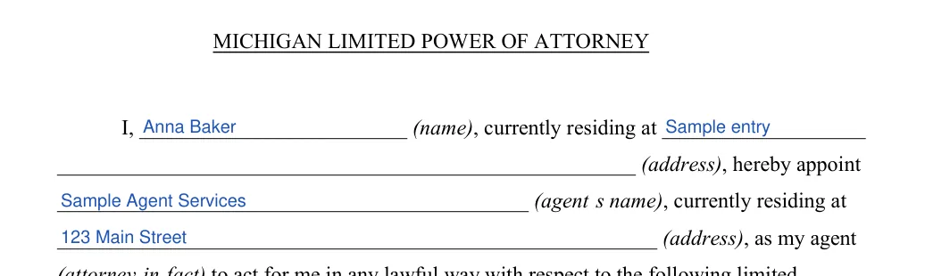 Michigan limited power of attorney: MICHIGAN LIMITED POWER OF ATTORNEY, filled with sample entries