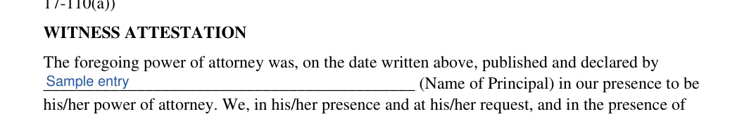 Maryland general power of attorney: WITNESS ATTESTATION, filled with sample entries