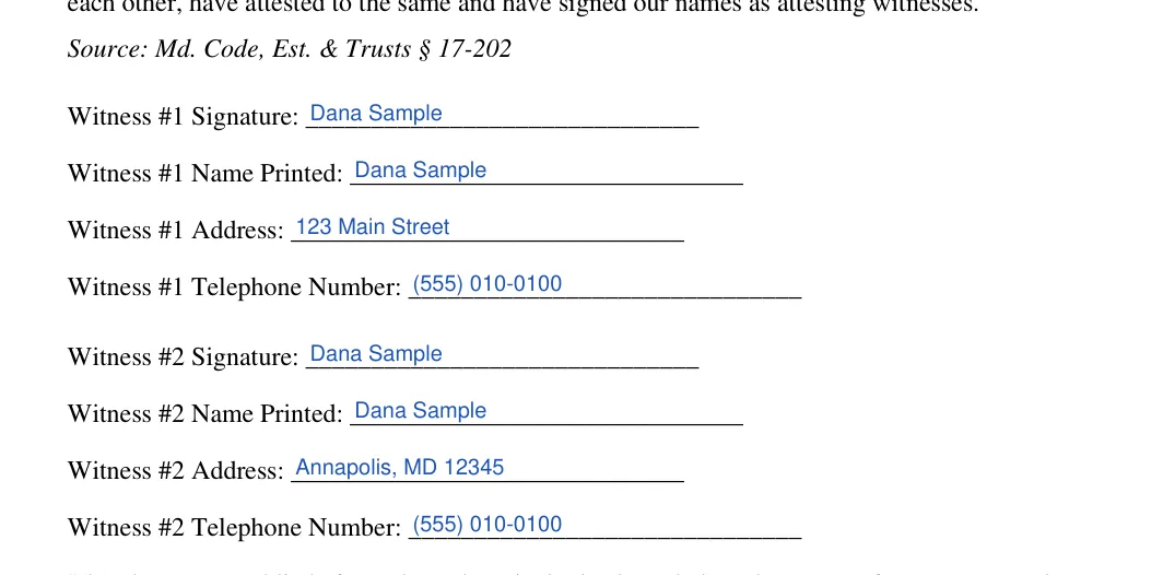 Maryland general power of attorney: Poa execution md blocks.2.witness 1 signature, Poa execution md blocks.3.witness 1 name printed and more, filled with sample entries