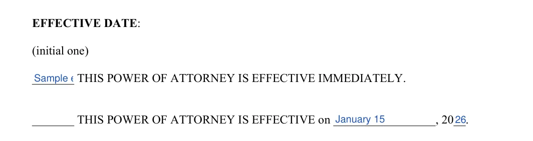 Michigan general power of attorney: EFFECTIVE DATE, filled with sample entries