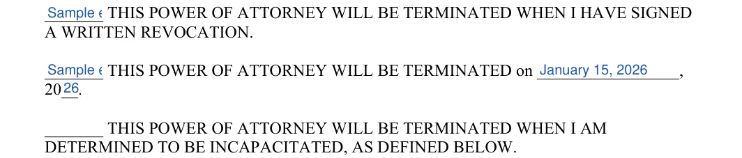 New Hampshire general power of attorney: A WRITTEN REVOCATION, filled with sample entries