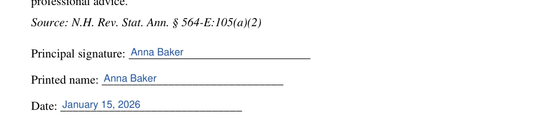 New Hampshire general power of attorney: Poa execution nh blocks.1.principal signature, Poa execution nh blocks.2.printed name and more, filled with sample entries