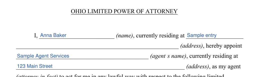 Ohio limited power of attorney: OHIO LIMITED POWER OF ATTORNEY, filled with sample entries