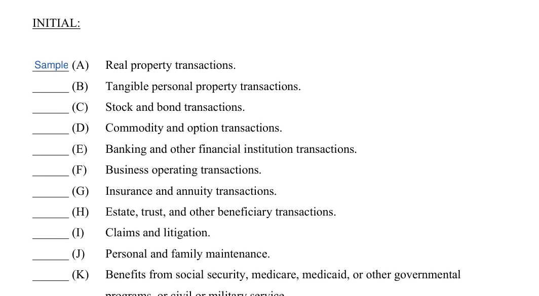 New York general power of attorney: INITIAL, filled with sample entries