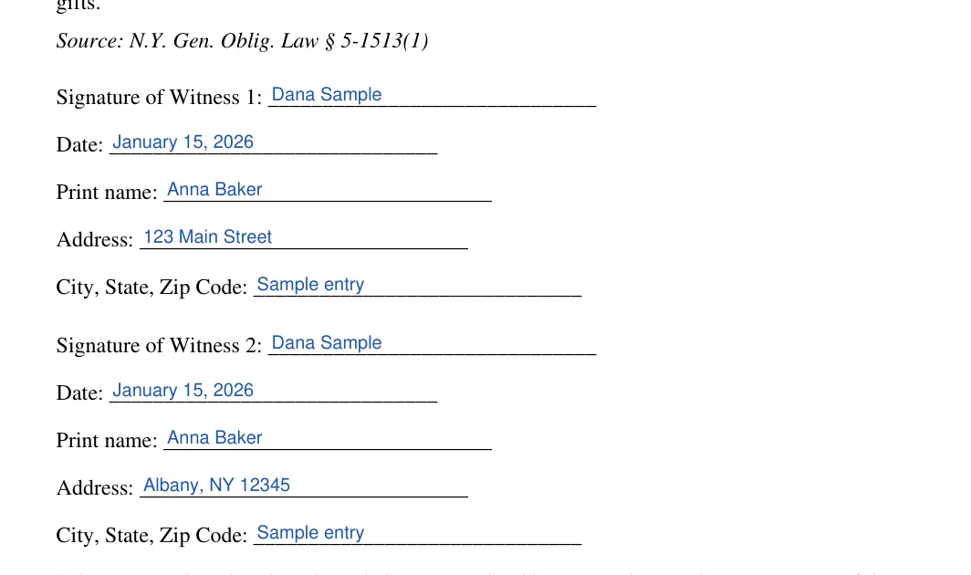 New York general power of attorney: Poa execution ny blocks.1.signature of witness, Poa execution ny blocks.2.date and more, filled with sample entries