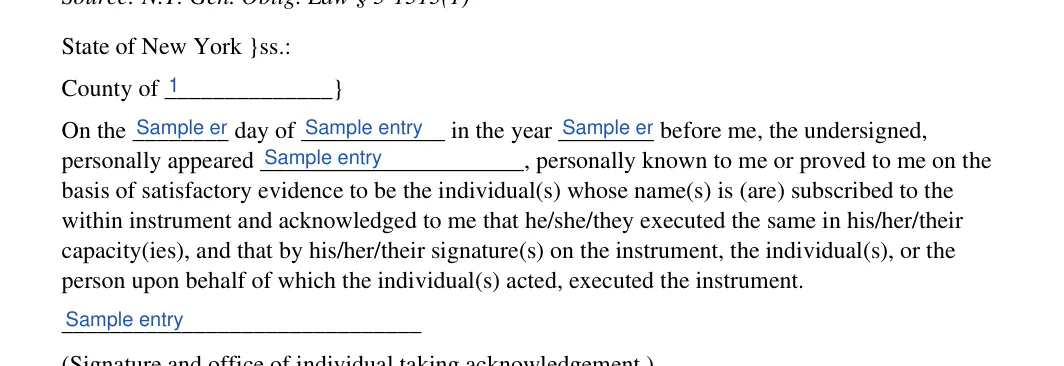 New York general power of attorney: State of New York }ss, filled with sample entries