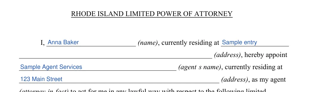 Rhode Island limited power of attorney: RHODE ISLAND LIMITED POWER OF ATTORNEY, filled with sample entries