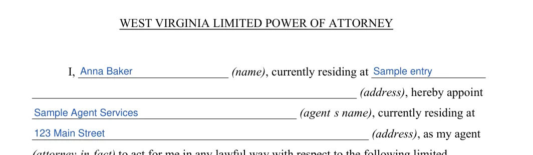 West Virginia limited power of attorney: WEST VIRGINIA LIMITED POWER OF ATTORNEY, filled with sample entries