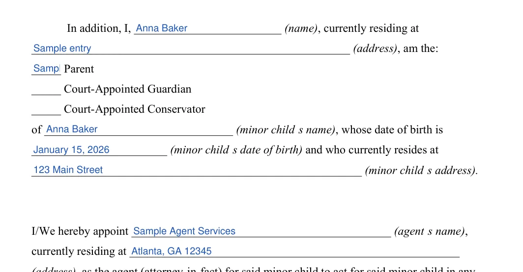 Georgia minor child power of attorney: Name, Currently residing at and more, filled with sample entries