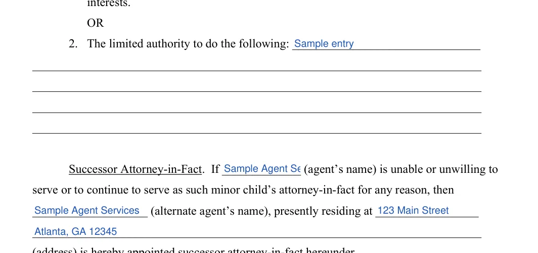 Georgia minor child power of attorney: Agent's name, Alternate agent’s name and more, filled with sample entries