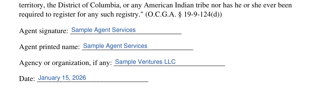 Georgia minor child power of attorney: Poa execution ga blocks.1.agent signature, Poa execution ga blocks.2.agent printed name and more, filled with sample entries