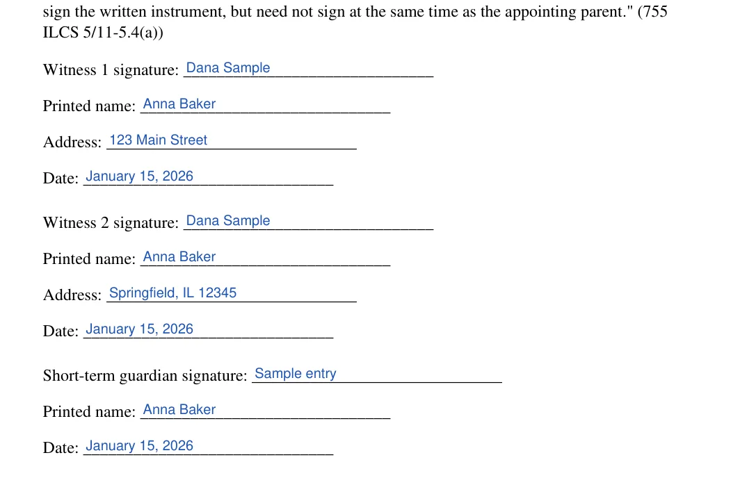 Illinois minor child power of attorney: Poa execution il blocks.1.witness 1 signature, Poa execution il blocks.2.printed name and more, filled with sample entries