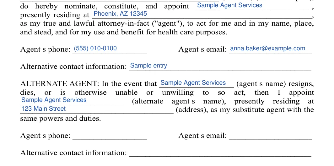 Arizona medical power of attorney: Agent's phone, Agent's email and more, filled with sample entries