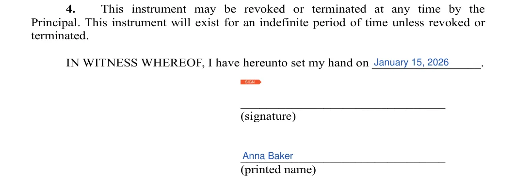 California medical power of attorney: Date, Signature and more, filled with sample entries