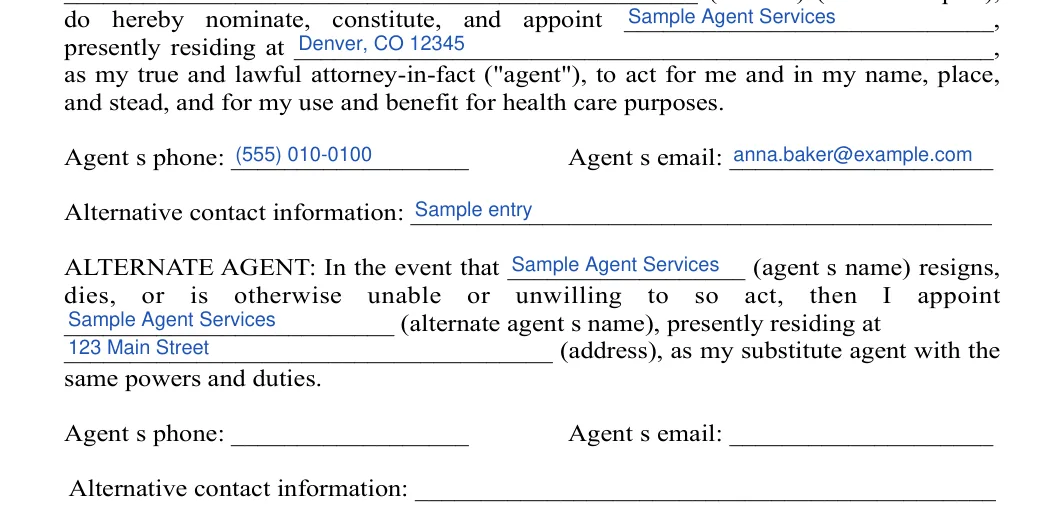 Colorado medical power of attorney: Agent's phone, Agent's email and more, filled with sample entries