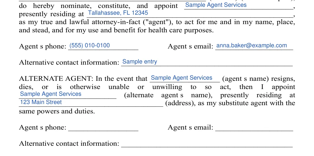 Florida medical power of attorney: Agent's phone, Agent's email and more, filled with sample entries