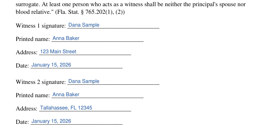 Florida medical power of attorney: Poa execution fl blocks.1.witness 1 signature, Poa execution fl blocks.2.printed name and more, filled with sample entries