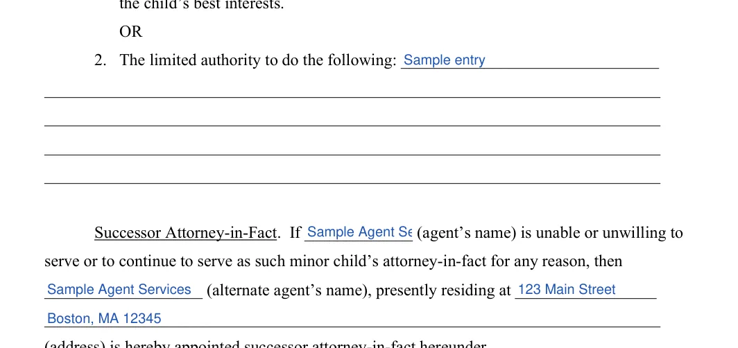 Massachusetts minor child power of attorney: Agent's name, Alternate agent’s name and more, filled with sample entries