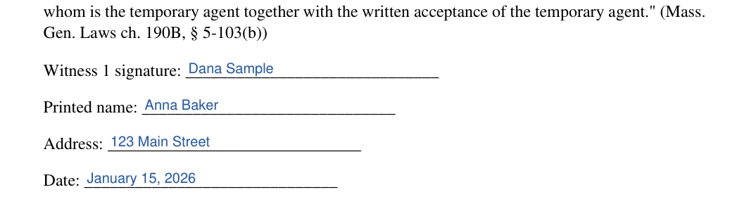Massachusetts minor child power of attorney: Gen. Laws ch. 190B, § 5-103(b)), filled with sample entries
