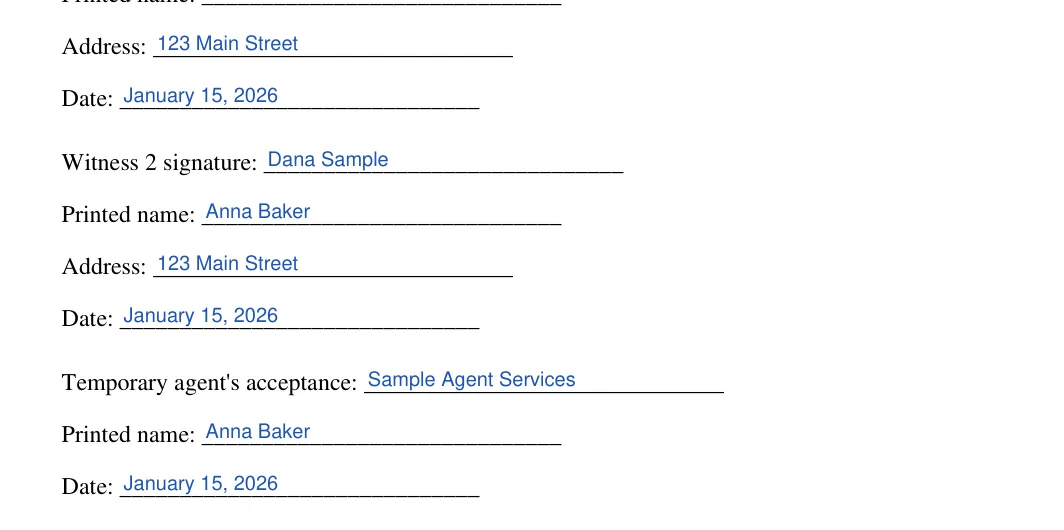 Massachusetts minor child power of attorney: Poa execution ma blocks.5.witness 2 signature, Poa execution ma blocks.6.printed name and more, filled with sample entries