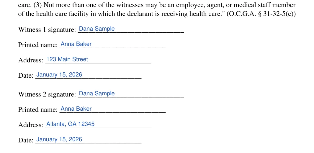 Georgia medical power of attorney: Poa execution ga blocks.1.witness 1 signature, Poa execution ga blocks.2.printed name and more, filled with sample entries