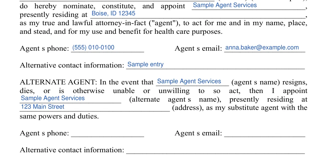 Idaho medical power of attorney: Agent's phone, Agent's email and more, filled with sample entries