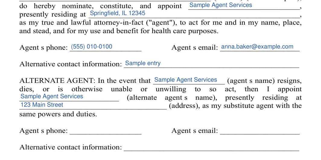 Illinois medical power of attorney: Agent's phone, Agent's email and more, filled with sample entries