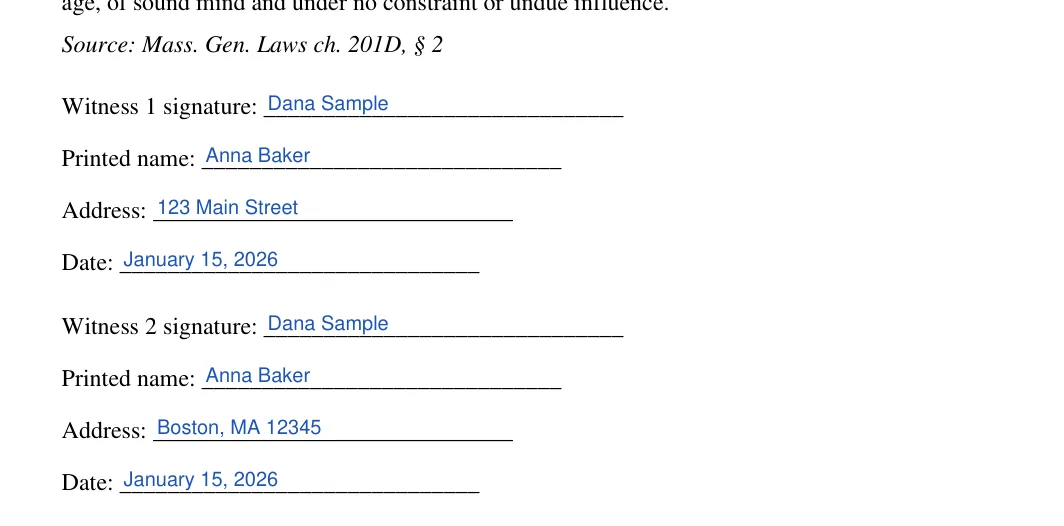 Massachusetts medical power of attorney: Poa execution ma blocks.1.witness 1 signature, Poa execution ma blocks.2.printed name and more, filled with sample entries