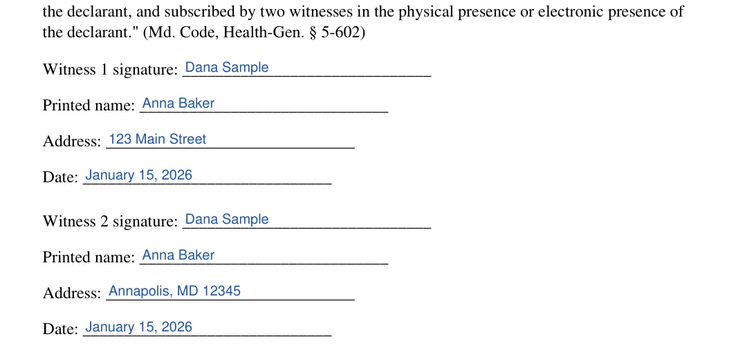 Maryland medical power of attorney: Poa execution md blocks.1.witness 1 signature, Poa execution md blocks.2.printed name and more, filled with sample entries