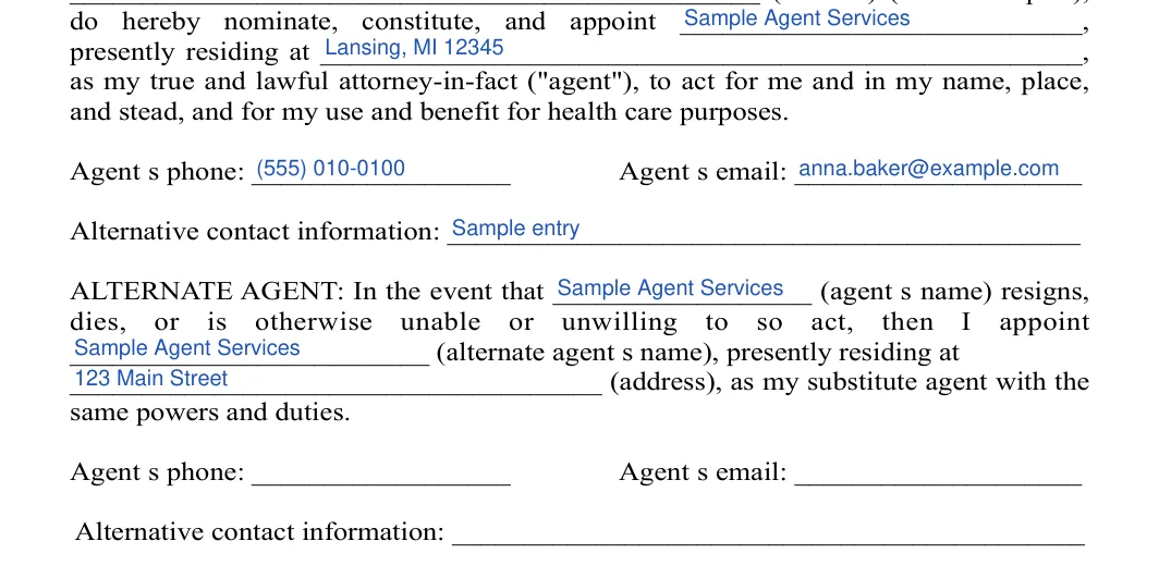 Michigan medical power of attorney: Agent's phone, Agent's email and more, filled with sample entries