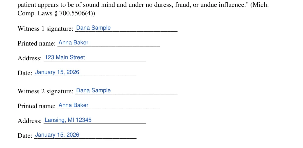 Michigan medical power of attorney: Poa execution mi blocks.1.witness 1 signature, Poa execution mi blocks.2.printed name and more, filled with sample entries