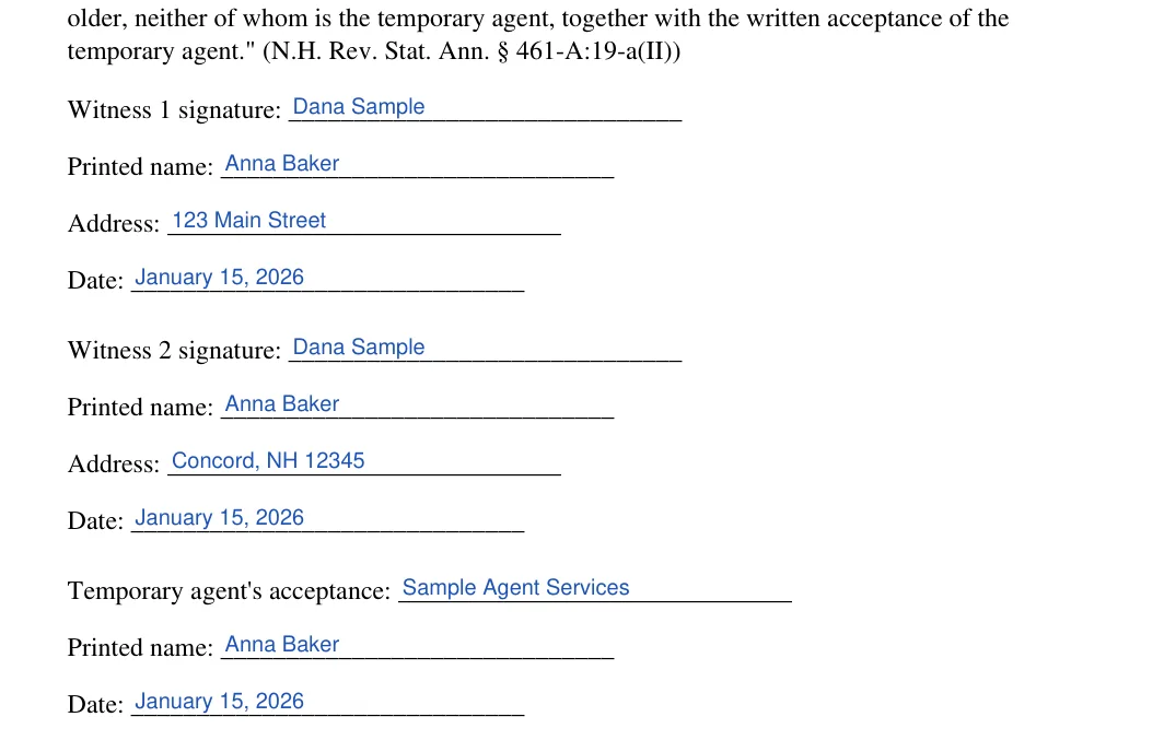 New Hampshire minor child power of attorney: Poa execution nh blocks.1.witness 1 signature, Poa execution nh blocks.2.printed name and more, filled with sample entries