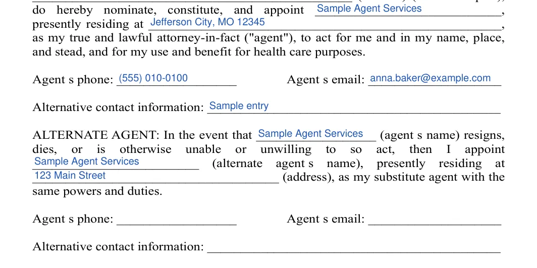 Missouri medical power of attorney: Agent's phone, Agent's email and more, filled with sample entries