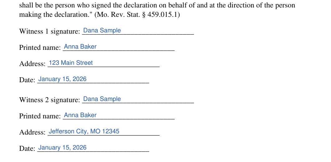 Missouri medical power of attorney: Poa execution mo blocks.1.witness 1 signature, Poa execution mo blocks.2.printed name and more, filled with sample entries