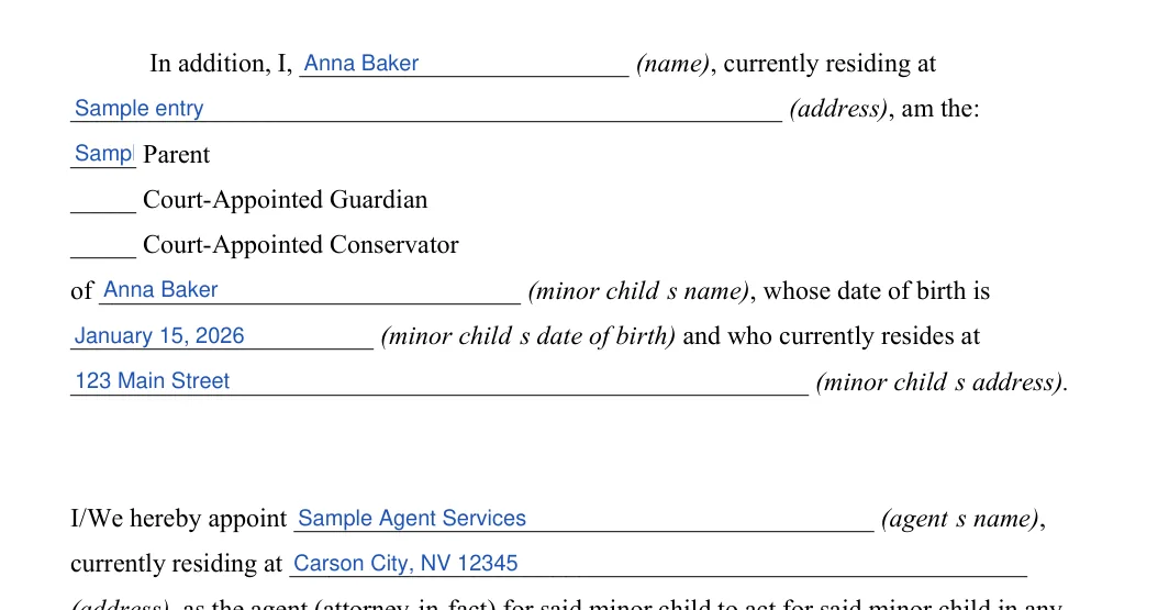 Nevada minor child power of attorney: Name, Currently residing at and more, filled with sample entries