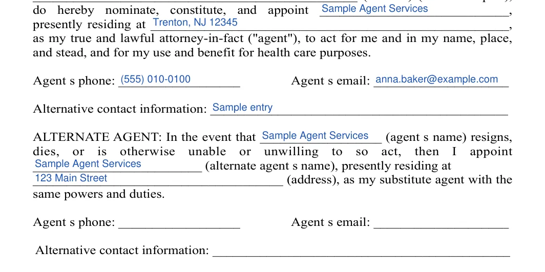 New Jersey medical power of attorney: Agent's phone, Agent's email and more, filled with sample entries