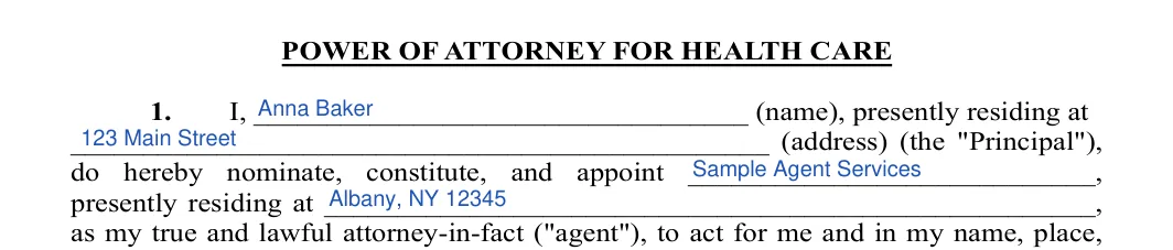 New York medical power of attorney: POWER OF ATTORNEY FOR HEALTH CARE, filled with sample entries