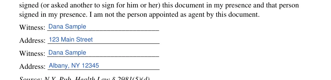 New York medical power of attorney: Poa execution ny blocks.1.witness, Poa execution ny blocks.2.address and more, filled with sample entries