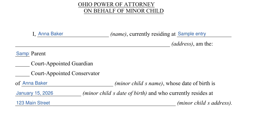 Ohio minor child power of attorney: ON BEHALF OF MINOR CHILD, filled with sample entries