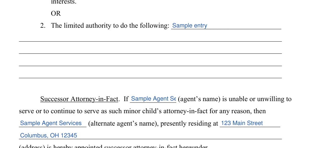 Ohio minor child power of attorney: Agent's name, Alternate agent’s name and more, filled with sample entries