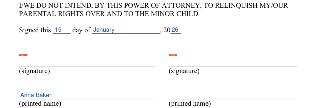 Ohio minor child power of attorney: PARENTAL RIGHTS OVER AND TO THE MINOR CHILD, filled with sample entries