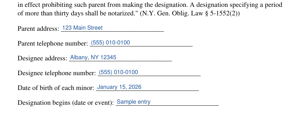 New York minor child power of attorney: Poa execution ny blocks.1.parent address, Poa execution ny blocks.2.parent telephone number and more, filled with sample entries