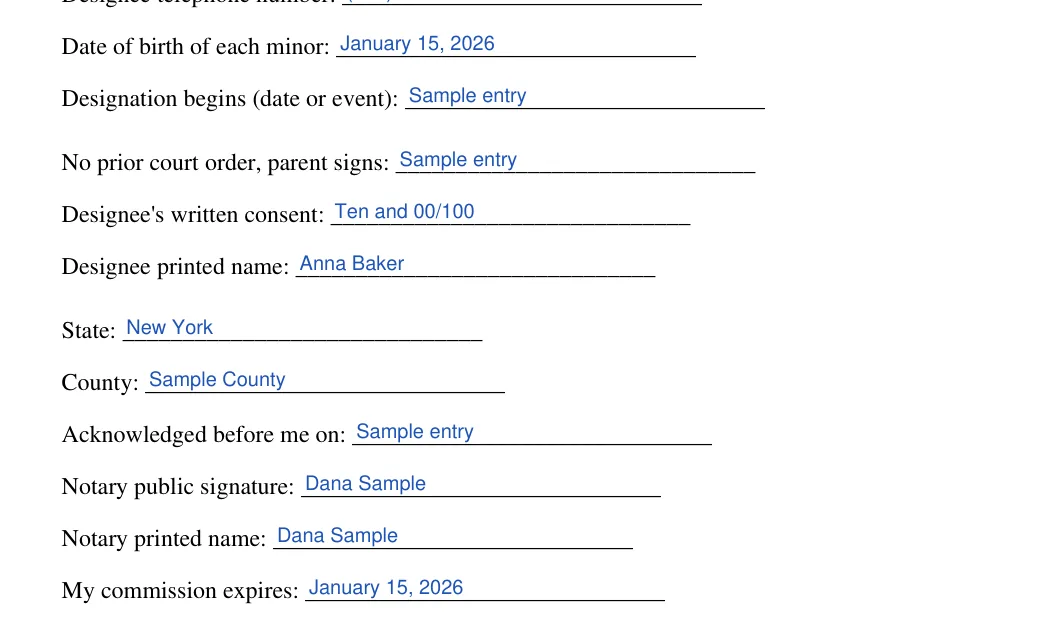 New York minor child power of attorney: Poa execution ny blocks.7.no prior court order parent signs, Poa execution ny blocks.8.designee s written consent and more, filled with sample entries