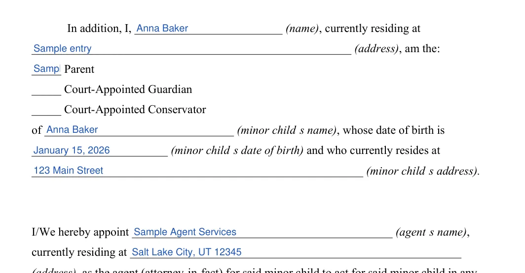 Utah minor child power of attorney: Name, Currently residing at and more, filled with sample entries