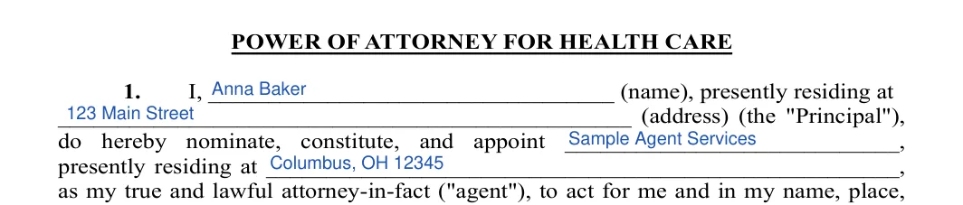 Ohio medical power of attorney: POWER OF ATTORNEY FOR HEALTH CARE, filled with sample entries
