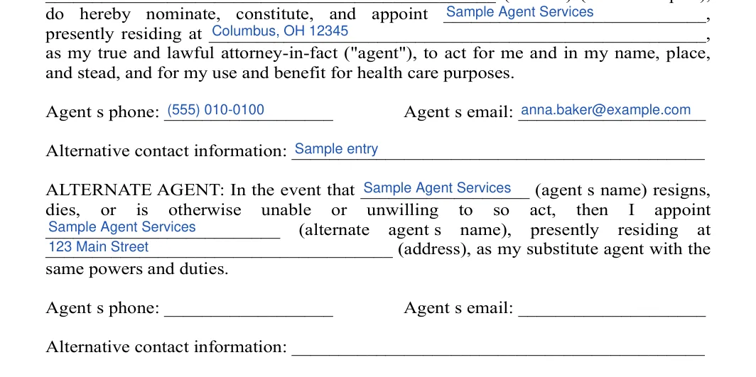 Ohio medical power of attorney: Agent's phone, Agent's email and more, filled with sample entries