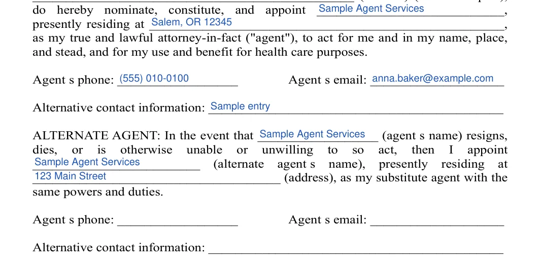Oregon medical power of attorney: Agent's phone, Agent's email and more, filled with sample entries