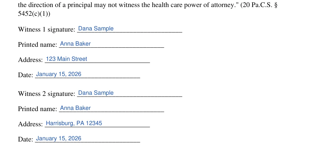Pennsylvania medical power of attorney: Poa execution pa blocks.1.witness 1 signature, Poa execution pa blocks.2.printed name and more, filled with sample entries