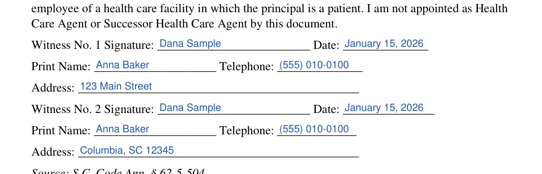 South Carolina medical power of attorney: Poa execution sc blocks.1.witness no 1 signature, Poa execution sc blocks.2.date and more, filled with sample entries