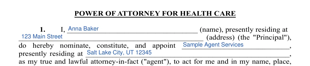 Utah medical power of attorney: POWER OF ATTORNEY FOR HEALTH CARE, filled with sample entries